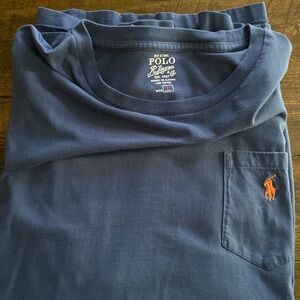 Men’s long sleeve Polo navy blue tee with orange horse detail. Large